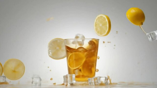Hyper-realistic tea splashes captured in mid-motion, forming elegant waves with floating lemon slices and ice cubes.