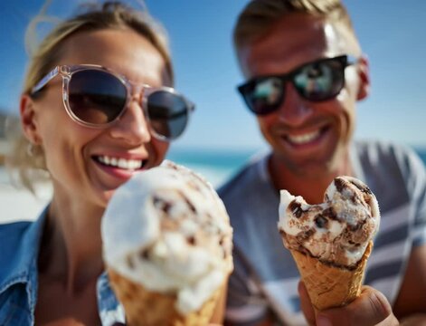 Close up of cheerful tourists enjoy refreshing ice cream cones on a sunny beach