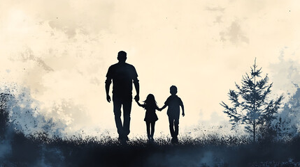 modern outline of father walking with two kids