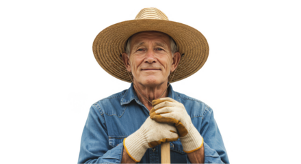 Photo Portrait Of A Smiling Senior Farmer Wearing Straw Hat And Blue Denim