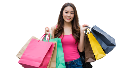 Photo Portrait Of Happy Young Woman Shopping With Colorful Bags
