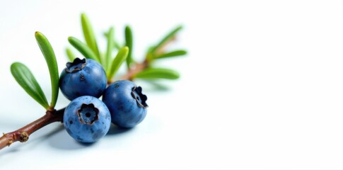 Springtime juniper branch, three blue berries, white background , creative food, aromatic