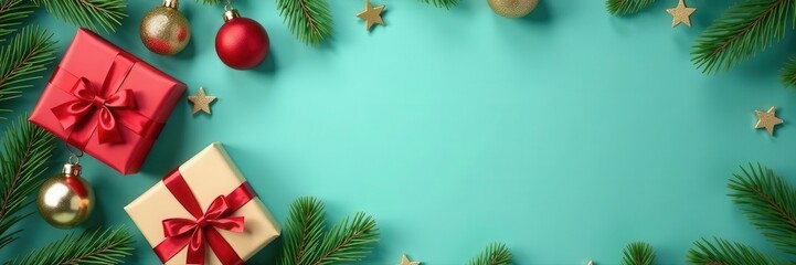 Vertical Christmas frame Gift boxes, paper ornaments, spruce on turquoise Earth tones , branches, wood, paper