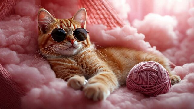 Cool cat lounging in pink yarn, wearing sunglasses