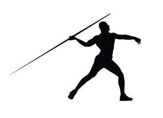 Silhouette of a male athlete preparing to throw a javelin, showing strength, balance, and power