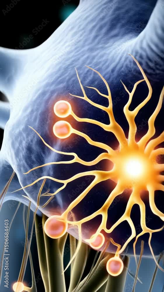 Poster detailed abstract visualization of neural network pathways, nerve tissue, and axon terminals with gl