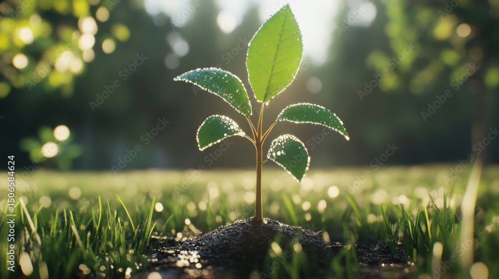 Poster a serene image of a freshly planted sapling in a peaceful meadow, with dew-covered grass and soft mo