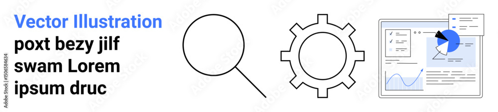 Poster magnifying glass, gear, data analytics dashboard with pie chart and graphs signifying research, opti