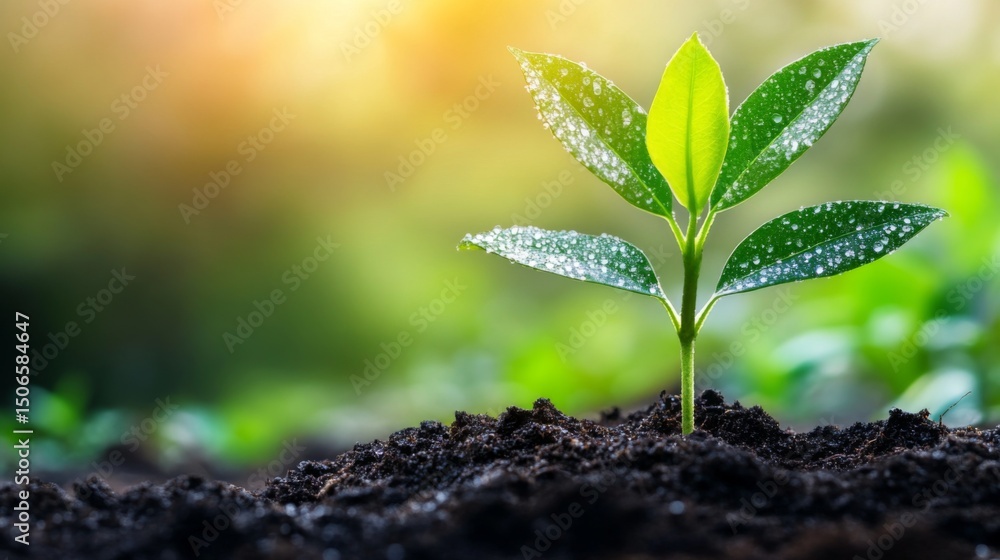 Poster a serene image of a freshly planted sapling in a peaceful meadow, with dew-covered grass and soft mo