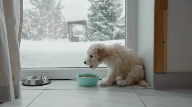 Puli puppy sits by glass patio door with snowy backdrop, munches kibble from turquoise bowl on tiled floor while soft daylight filters through sheer curtains in gentle morning glow in cozy home