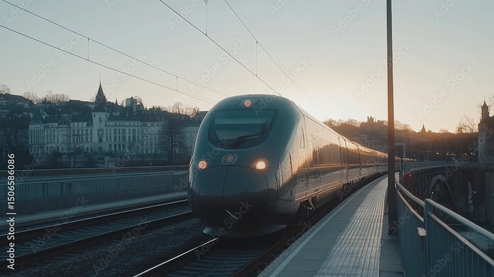 Poster a sleek high-speed train on a modern bridge at sunset, with warm hues in the sky reflecting on the t