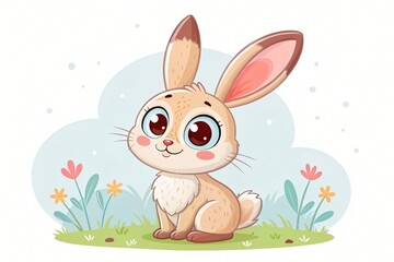 Obraz premium Adorable Cartoon Bunny Rabbit Sitting in Spring Meadow Cute Hare Illustration