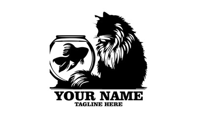 Vintage ragdoll cat staring at fishbowl illustration. ragdoll cat staring at fishbowl vector illustration and ragdoll cat staring at fishbowl logo design