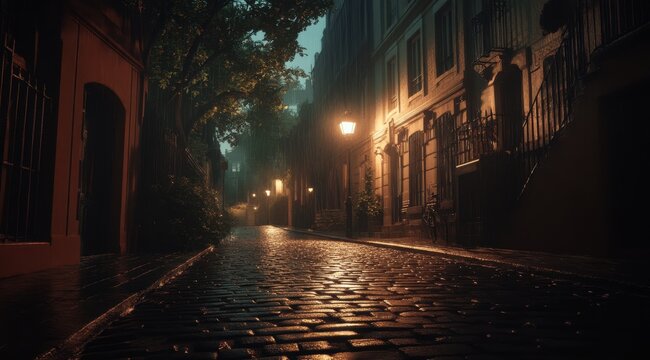 Misty cobblestone street at night, dimly lit by gas lamps, flanked by old buildings, showing a wet, reflective surface - Powered by Adobe