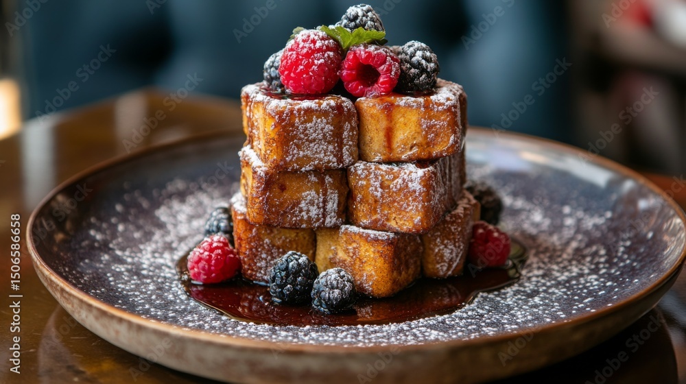 Poster A stack of French toast slices dusted with powdered sugar and topped with fresh berries and a drizzle of maple syrup, served on a rustic ceramic plate.