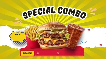 Special Combo Fast Food Banner  Cheeseburger, French Fries and Iced Soda in Pop Art Comic Style Yellow Background  Animated Ad Template for Restaurant, Promo, Delivery, or Social Media - Powered by Adobe