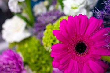 Obraz premium Vibrant bouquet featuring pink gerbera daisies and assorted flowers