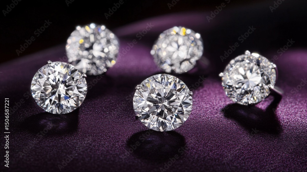 Poster A stunning array of loose diamonds scattered on a dark background, each reflecting light in unique patterns, creating an elegant display