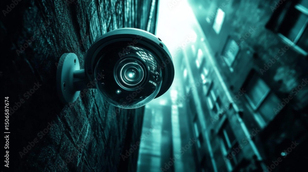 Poster a stunning shot of a high-tech cctv camera with infrared capabilities, set against a backdrop of a d
