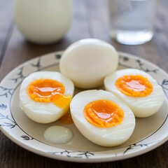 Soft boiled eggs with runny yolks on plate