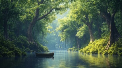 Obraz premium A tranquil scene of a small boat navigating through a mangrove forest, surrounded by towering trees and lush greenery, highlighting the unique ecosystem