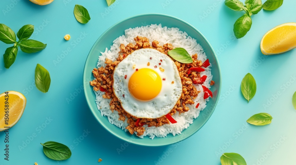 Poster A vibrant display of Pad Kra Pao, featuring minced meat stir-fried with holy basil and chilies, served with a fried egg on top and jasmine rice on the side