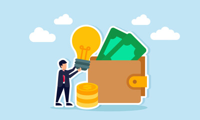 Businessman holding lamp beside wallet full of cash and coins illustration of take profit from proper business idea application