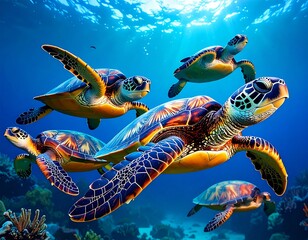 Sea turtles in water, deep blue background, detailed