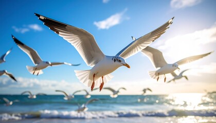 Obraz premium Seagulls flying over the ocean, lightness, airiness