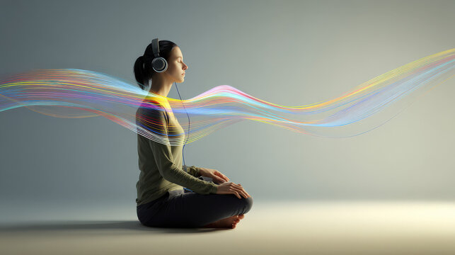 A person surrounded by swirling sound waves, symbolizing the healing power of music therapy on the body and mind.