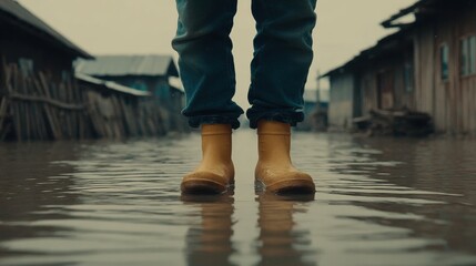 Person standing in yellow boots on flooded ground in a rural area.