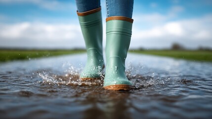 Walking in rubber boots through puddles on a rainy day.