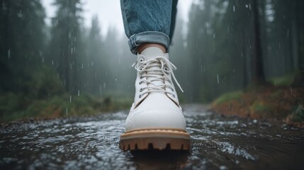 Walking in the rain with stylish boots on a forest trail.