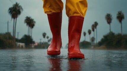Rainy day walk in red boots among palm trees.