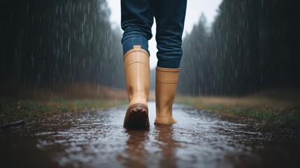 Walking in rain with yellow boots on a muddy path surrounded by trees.