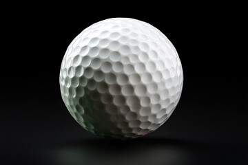 A pristine white sphere textured with many small dimples on a solid black surface. The dimples appear circular and uniform, creating a symmetrical design