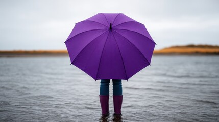 Person standing in water with a purple umbrella, wearing rubber boots.