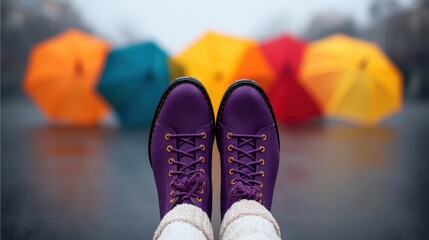 Colorful umbrellas backdrop with purple shoes in focus on a rainy day.