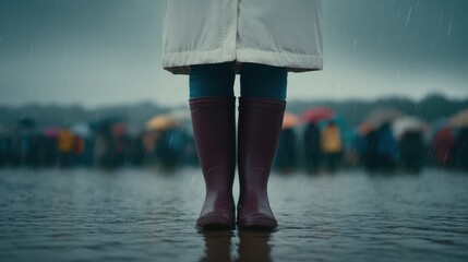 Standing in rain with boots amidst a crowd under umbrellas.