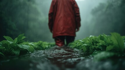 A figure in a red coat stands in a lush, rain-soaked landscape.