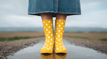 Bright yellow polka-dot rain boots standing in a puddle.