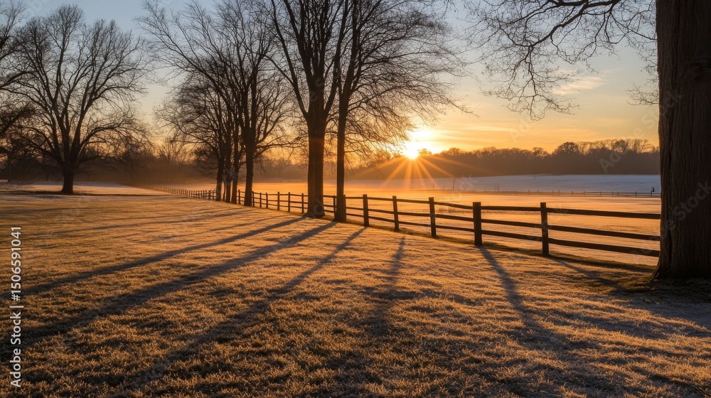 Poster a vibrant sunrise illuminating a row of utility poles, with the light casting long shadows across a 