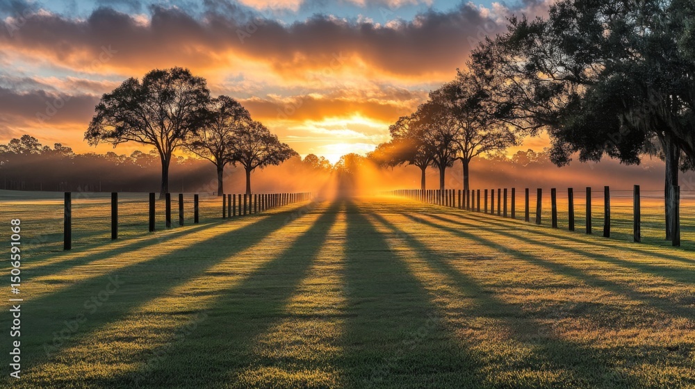 Poster a vibrant sunrise illuminating a row of utility poles, with the light casting long shadows across a 