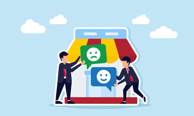 Fototapeta premium Businessman hold chat dialog with happy emoticon and another with sad emoticon both stand near store illustration of debate and disagreement about marketplace business management