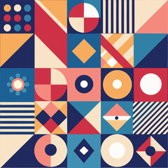 Geometric pattern vector background with Scandinavian abstract color or Swiss geometry prints of rectangles, squares and circles shape design