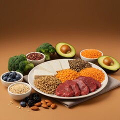 Balanced diet food plate with protein and vegetables
