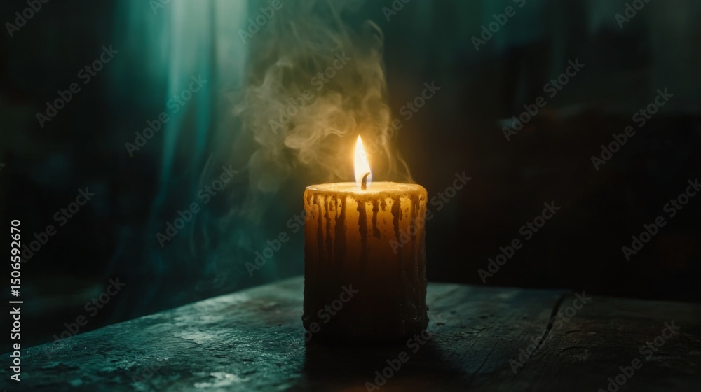 Aufkleber close-up of a flickering candle flame in a dark room, casting soft shadows and creating a cozy ambia