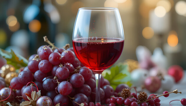 Red Wine Glass with Grapes and Festive Decorations