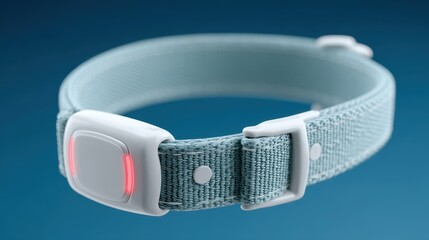 Light blue smart pet collar with white plastic buckle and integrated red LED tracking light on a solid blue background