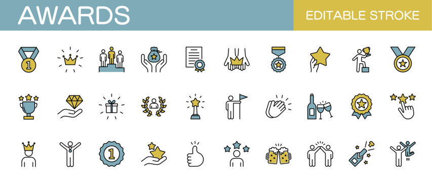Colored awards line icon set. Success, badge, reward, teamwork. Editable stroke. Vector illustration